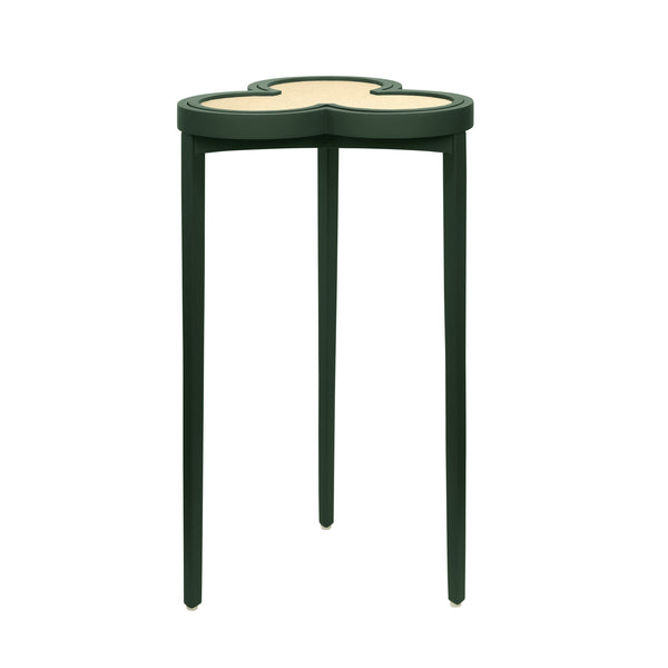 CLOVER CIGAR TABLE WITH REVERSIBLE LACQUER AND NATURAL GRASSCLOTH TOP IN MATTE DARK GREEN LACQUER
