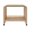 WATERFALL EDGE BAR CART WITH ANTIQUE BRASS RAILS IN NATURAL OAK