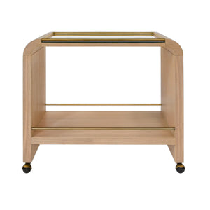 WATERFALL EDGE BAR CART WITH ANTIQUE BRASS RAILS IN NATURAL OAK