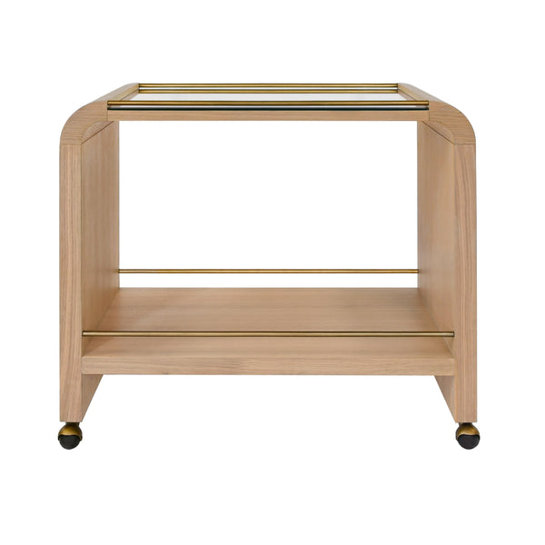 WATERFALL EDGE BAR CART WITH ANTIQUE BRASS RAILS IN NATURAL OAK