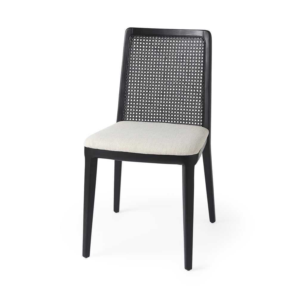 Clara Black Wood W/ Cream Fabric Seat and Cane Back Armless Dining Chair