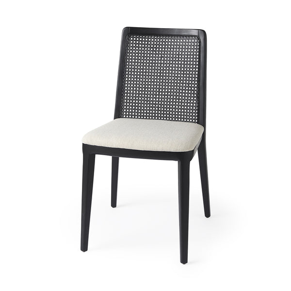 Clara Black Wood W/ Cream Fabric Seat and Cane Back Armless Dining Chair
