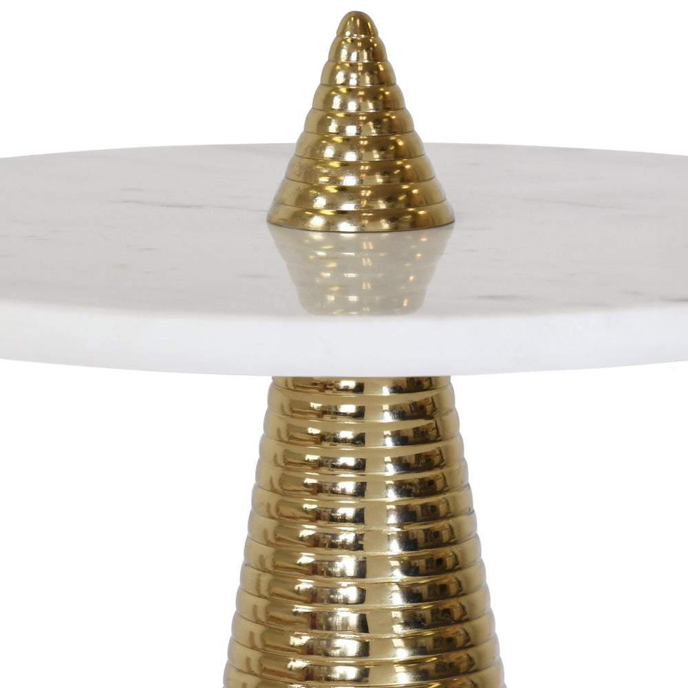 ROUND SIDE TABLE WITH CONICAL COILED BRASS BASE AND WHITE MARBLE TOP