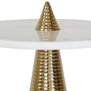 ROUND SIDE TABLE WITH CONICAL COILED BRASS BASE AND WHITE MARBLE TOP