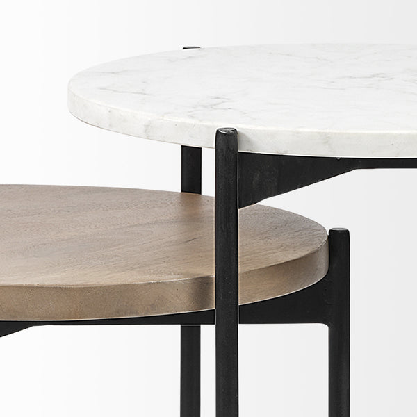 Larkin II Marble and Medium Brown Wood Round Tabletop Nesting End/Side Tables