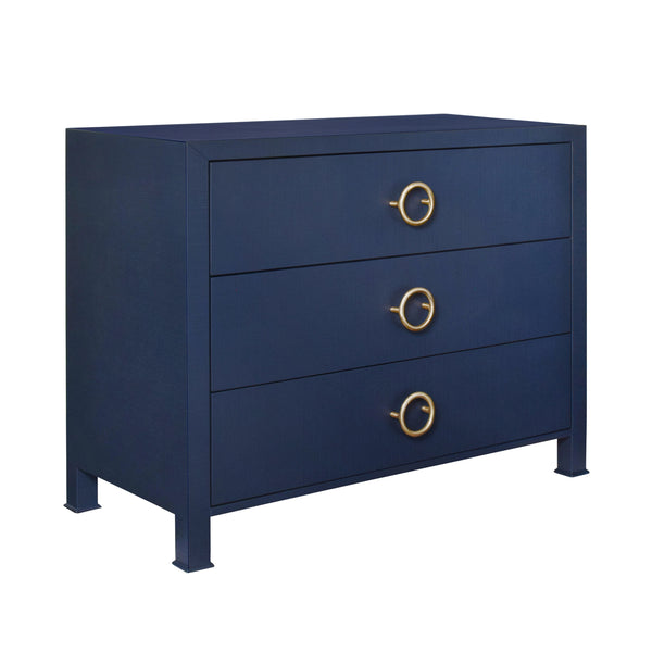 THREE DRAWER CHEST WITH ANTIQUE BRASS CIRCLE HARDWARE IN TEXTURED NAVY LINEN