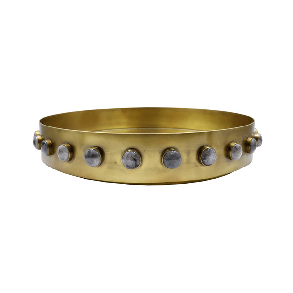 ROUND BRASS TRAY WITH INSET MIRROR AND RESIN APPLIQUES