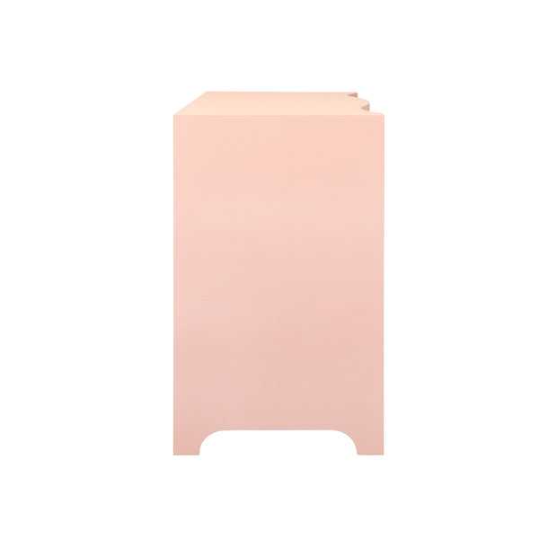 CURVED FRONT CHEST WITH THREE DRAWERS IN TEXTURED PINK LINEN WITH SATIN BRASS RING HARDWARE