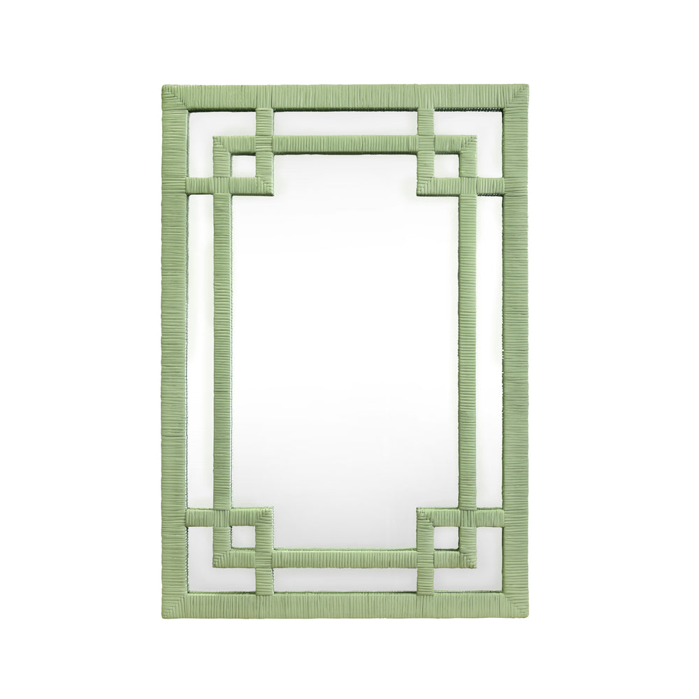 GREEK KEY DESIGN MIRROR IN WRAPPED RATTAN IN SAGE GREEN