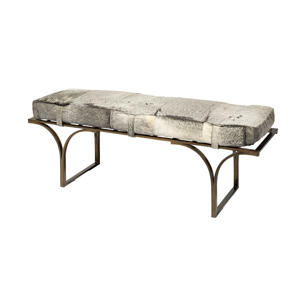 Jessie 55L x 16W White/Gray Hair-On-Hide Seat W/Gold Metal Base Accent Bench