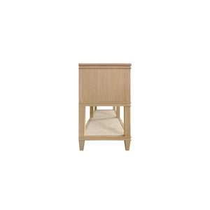 FOUR DRAWER CONSOLE WITH OPEN CANE SHELF IN CERUSED OAK