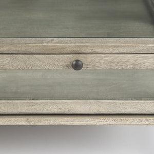 Arelius 42" Square Glass-Top Gray Wood w/ Black Metal Base Display Coffee Table