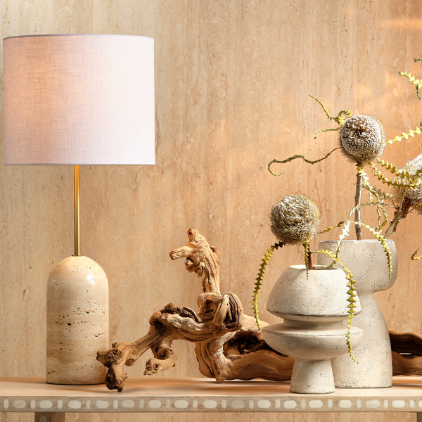Holt Travertine Table Lamp with Linen Shade