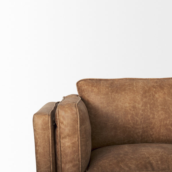 Brooks 90.2L x 34.8W x 33.5H Cognac Brown Faux Leather Three Seater Sofa W/ Medium Brown Wooden Legs