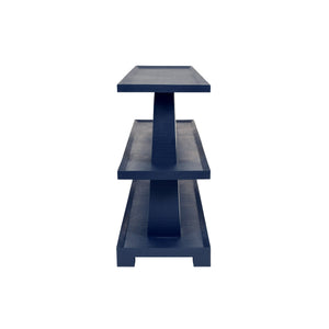 THREE TIER TWO COLUMN CONSOLE IN TEXTURED NAVY LINEN