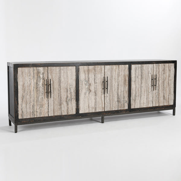 Lisbon Solid Wood 6Dr Cabinet - Weathered Black/Travertine