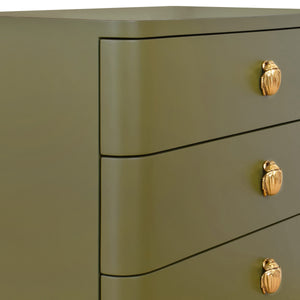 THREE DRAWER ROUNDED EDGE SIDE TABLE WITH BRASS BEETLE KNOB IN OLIVE GREEN MATTE LACQUER