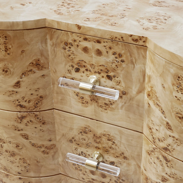 THREE DRAWER SIDE TABLE IN BURL WOOD WITH ACRYLIC HARDWARE
