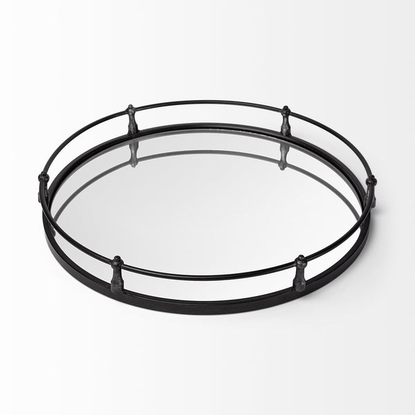 Kimbel 24L x 24W Black Metal Mirrored Base Round Tray