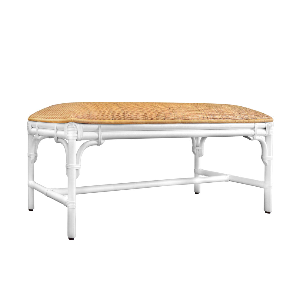 BENCH WITH NATURAL RATTAN CUSHION TOP AND RATTAN BASE IN PAINTED WHITE