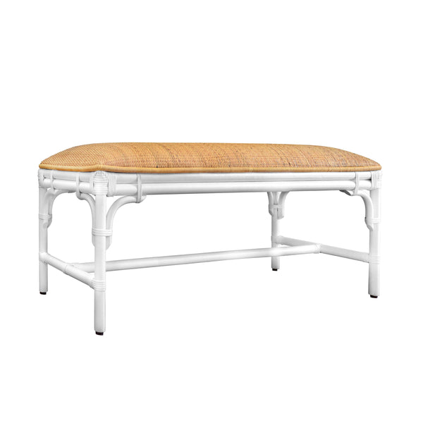 BENCH WITH NATURAL RATTAN CUSHION TOP AND RATTAN BASE IN PAINTED WHITE