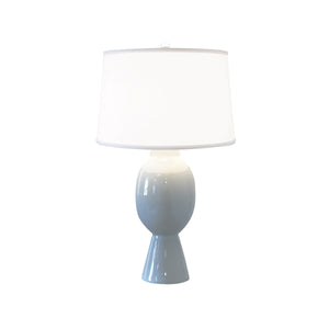 TALL BULB SHAPE CERAMIC TABLE LAMP WITH WHITE LINEN SHADE IN LIGHT BLUE