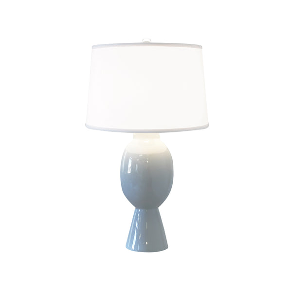 TALL BULB SHAPE CERAMIC TABLE LAMP WITH WHITE LINEN SHADE IN LIGHT BLUE