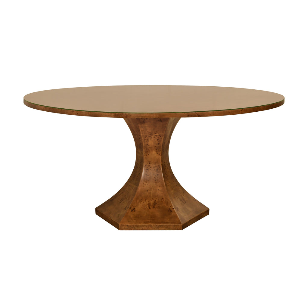 ROUND DINING TABLE WITH HEXAGONAL TAPERED BASE IN DARK BURL WOOD