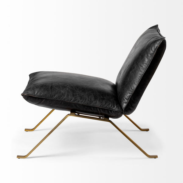 Flavelle II Black Leather Cushion Seat and Solid Iron Base Accent Chair