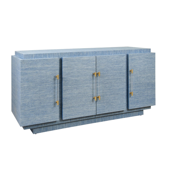 FOUR DOOR WRAP AROUND MODERN BUFFET WITH BRASS FLUTED HANDLES IN DYED BLUE GRASSCLOTH