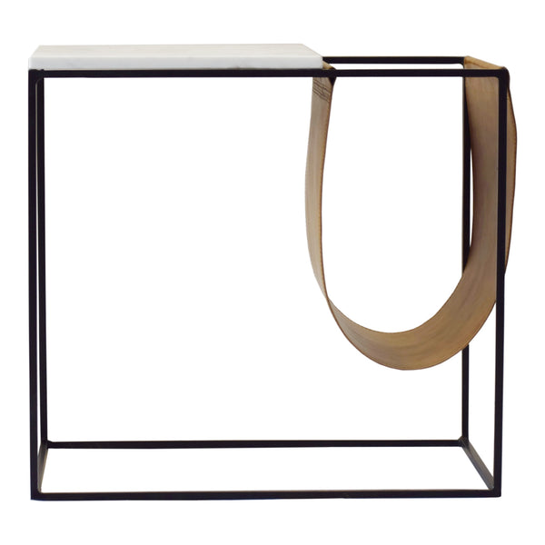 Cave Magazine Rack with Marble Top and Tan Sling