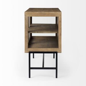 Arelius 36L x 18W x 32H Light Brown Wood, Black Metal Base w/ 2 Glass Doors Accent Cabinet