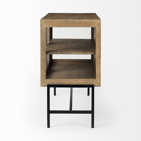 Arelius 36L x 18W x 32H Light Brown Wood, Black Metal Base w/ 2 Glass Doors Accent Cabinet