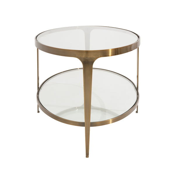 TWO TIER GLASS TOP OVAL COFFEE TABLE IN ANTIQUE BRASS