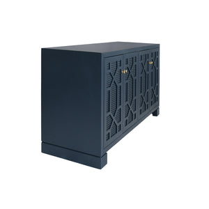 FOUR DOOR BUFFET WITH TRELLIS OVER PAINTED CANE DOORS IN MATTE NAVY LACQUER