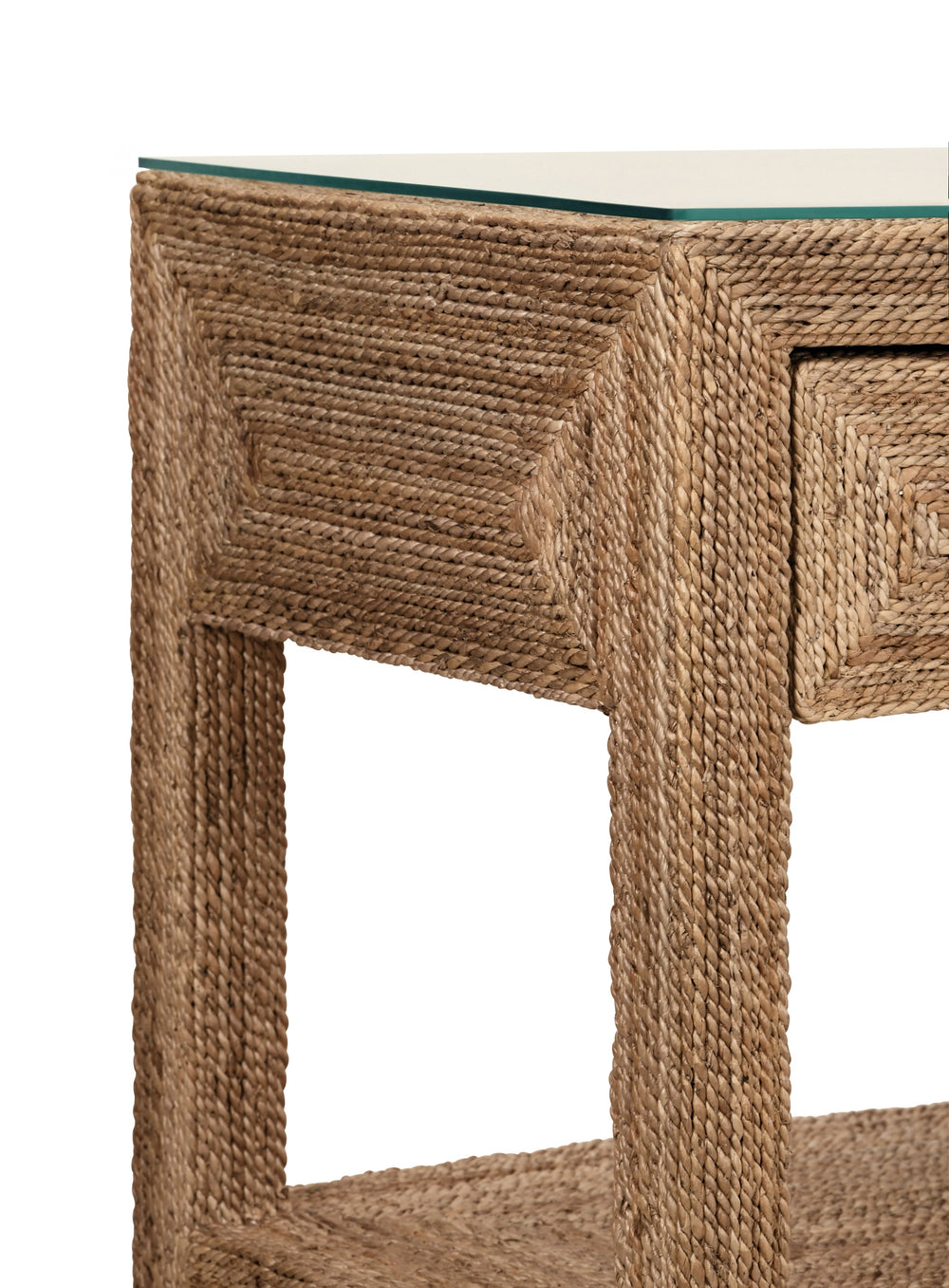 THREE DRAWER CONSOLE WITH SATIN BRASS HARDWARE AND FOOT CAPS IN WRAPPED ROPE