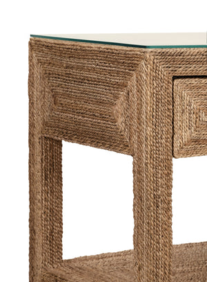 THREE DRAWER CONSOLE WITH SATIN BRASS HARDWARE AND FOOT CAPS IN WRAPPED ROPE
