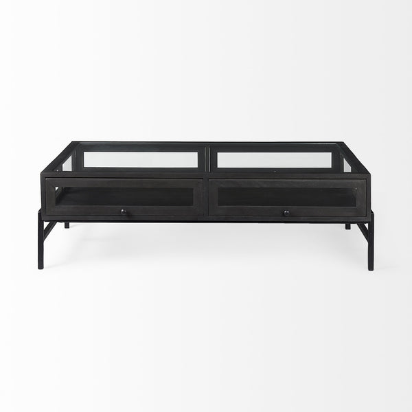 Arelius 42"L Rectangular Glass-Top Black-Brown Wood w/ Black Metal Base Display Coffee Table