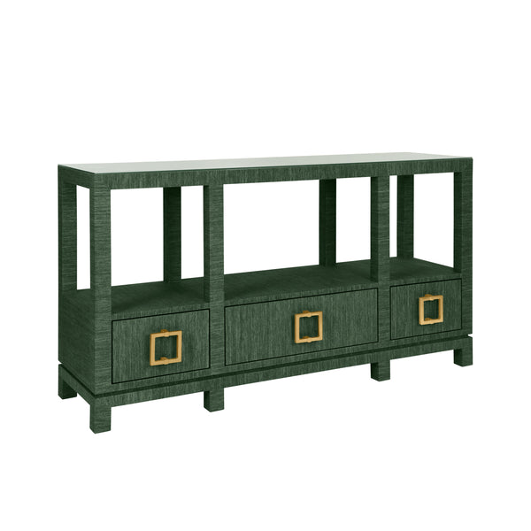 OPEN SHELF CONSOLE WITH THREE BOTTOM DRAWERS AND SQUARE SATIN BRASS HARDWARE IN DYED GREEN GRASSCLOTH