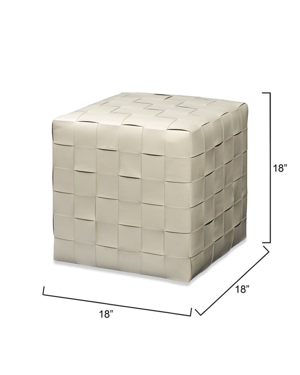 Woven Leather Ottoman, White 