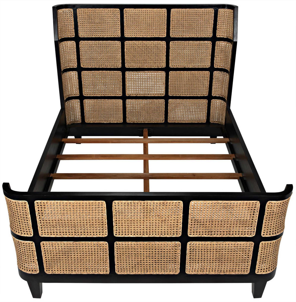 Porto Queen Bed in Hand-Rubbed Black Mahogany with Caning Detail