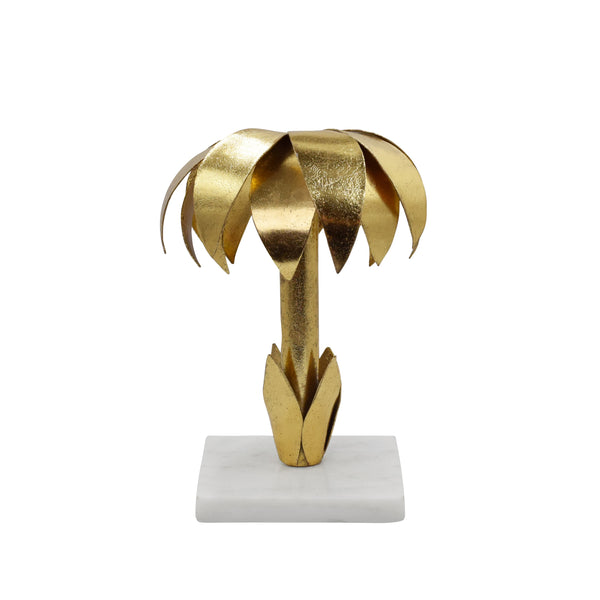 IRON PALM TREE CANDLE HOLDER IN GOLD LEAF FINISH ON WHITE MARBLE BASE